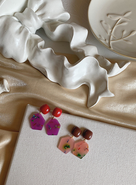 法式小众 复古人鱼姬红色紫色925纯银针耳钉耳环亚克力晚晚撞色