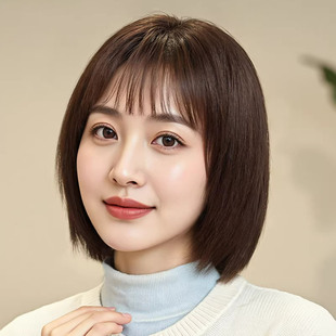 薄款 波波头 真发短直发时尚 假发全头套女真人发丝中老年女士妈妈款