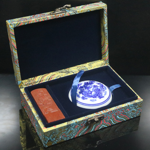 对章锦盒定制印泥盒收纳盒瓷器包装礼品石料印章金色彩云锦盒子