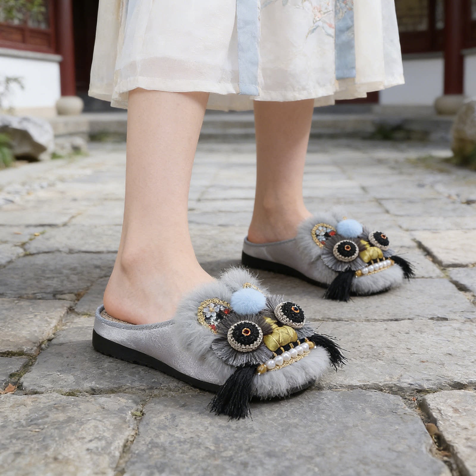 非遗手工真兔毛虎头鞋绣花半拖布鞋中国民族风包头家居休闲女拖鞋