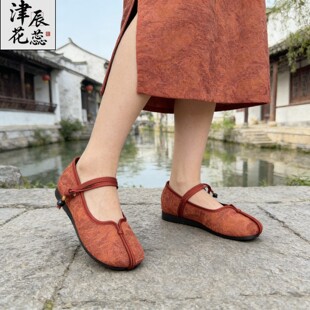 夏季浅口浮光锦手工布鞋女款经典一字带新中式国风搭汉服养生单鞋