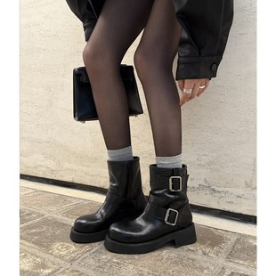 新款 马丁靴女2025秋季 靴子潮英伦风粗跟复古真皮百搭厚底机车短靴