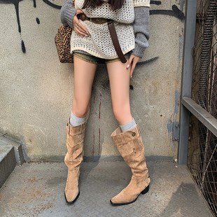 靴子美拉德大筒围长筒靴女2025新款 大西北 卡其色铆钉堆堆西部靴