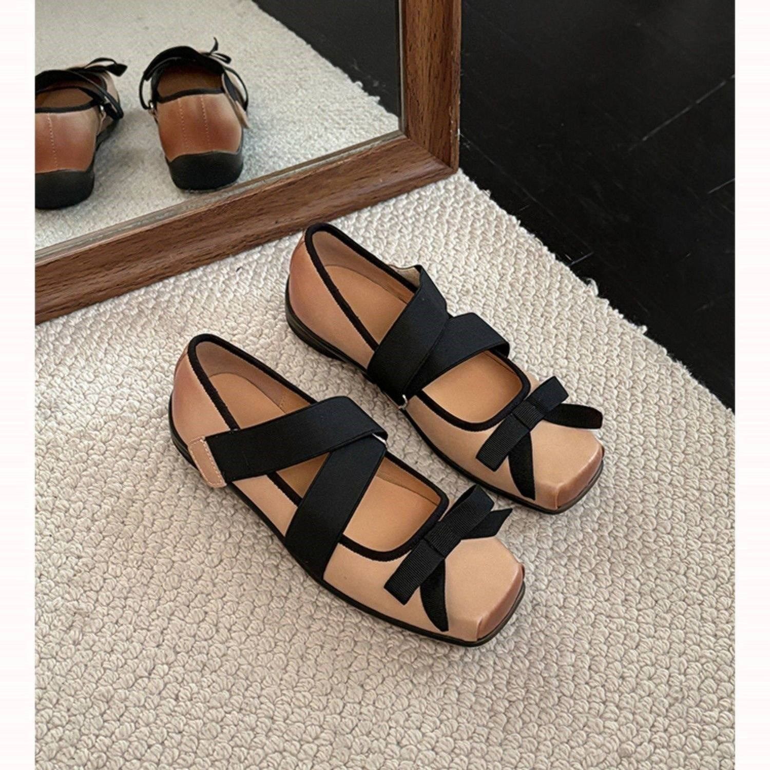 玛丽珍鞋女2026春季新款蝴蝶结真皮方头交叉带芭蕾舞鞋欧洲站女鞋,女鞋,时尚芭蕾鞋,淘宝优惠券,粉丝福利购,淘宝优惠卷