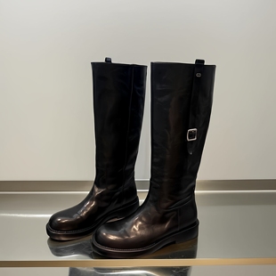 骑士马丁靴 真皮圆头粗跟皮带扣套筒长靴时尚 欧洲站女2025冬季 新款