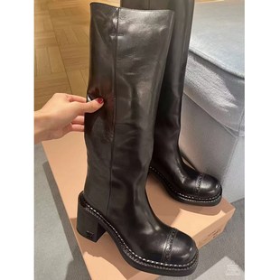 头层牛皮版 高级黑色长筒靴女英伦百搭圆头粗跟不过膝高筒骑士靴
