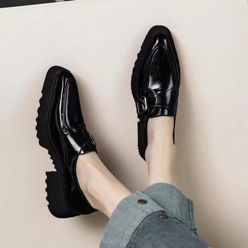 春季英伦风尖头单鞋小皮鞋女金属一字扣厚底乐福鞋松糕鞋显脚小