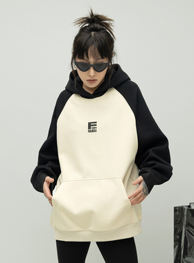 ONE PASS 潮牌拼接插肩袖厚印字母连帽卫衣女春季新款宽松帽衫