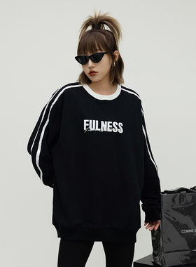 ONE PASS 街头潮牌织带拼接字母圆领卫衣女春季新款宽松情侣上衣