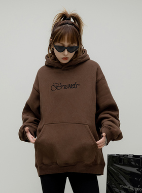 ONE PASS 380g重磅刺绣字母连帽加绒卫衣女春季情侣宽松加厚上衣