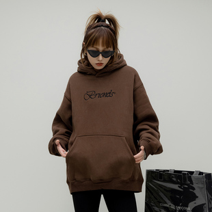 ONE PASS 380g重磅刺绣字母连帽加绒卫衣女春季情侣宽松加厚上衣