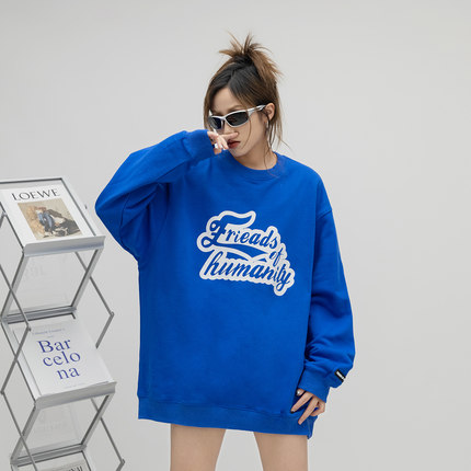 美式街头潮牌字母印花圆卫衣女2025秋季情侣宽松套头衫男