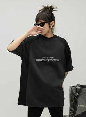 拼接插肩袖字母印花圆领短袖T恤女夏季新款宽松情侣体恤男