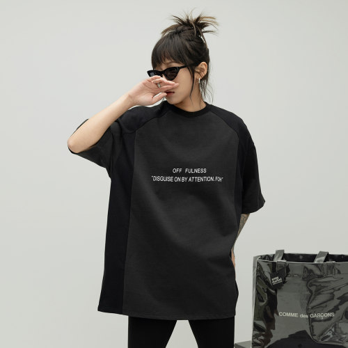 拼接插肩袖圆领短袖T恤女