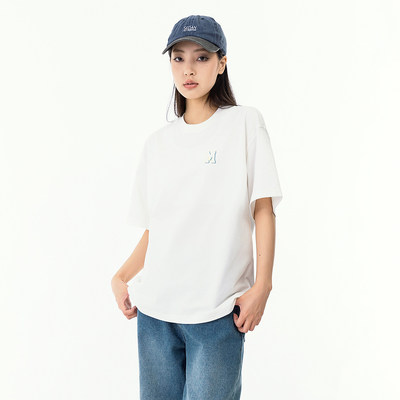 微瑕疵 介意勿拍 日系基础简约字母圆领半袖女宽松休闲情侣短袖