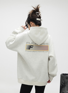 ONE PASS 美式国潮渐变字母印花连帽卫衣女街头情侣宽松休闲帽衫