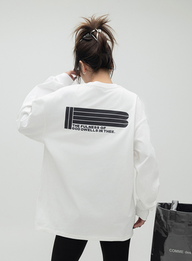 ONE PASS 字母印花长袖T恤女美式国潮情侣潮流宽松百搭打底衫上衣