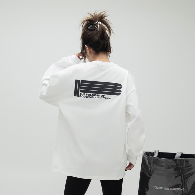 ONE PASS 字母印花长袖T恤女美式国潮情侣潮流宽松百搭打底衫上衣