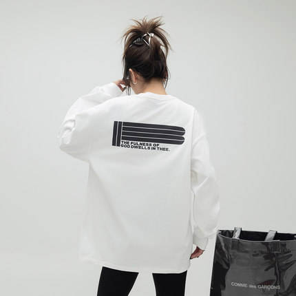 ONE PASS 字母印花长袖T恤女美式国潮情侣潮流宽松百搭打底衫上衣