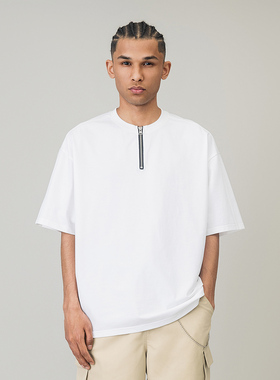 美式国潮半拉链纯色圆领短袖T恤男夏季新款宽松情侣休闲上衣