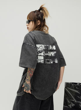 潮牌字母印花水洗做旧圆领短袖T恤女2025夏季新款上衣