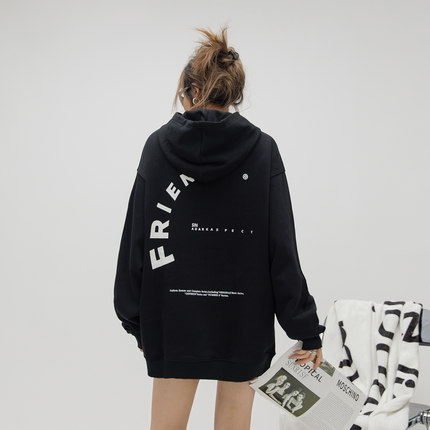 ONE PASS 街头潮牌字母印花连帽卫衣女春季新款情侣宽松休闲上衣