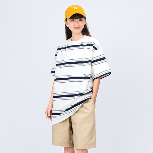 夏季新款日系宽松条纹圆领短袖