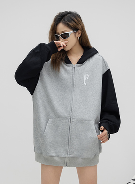 ONE PASS 厚印字母拼接重磅开衫连帽卫衣女春季情侣宽松休闲外套