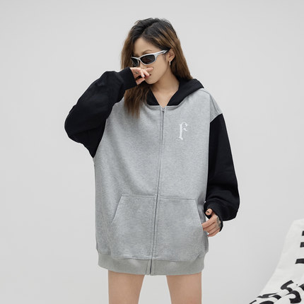 ONE PASS 厚印字母拼接重磅开衫连帽卫衣女春季情侣宽松休闲外套