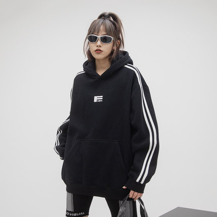 ONE PASS 380g重磅织带拼接发泡字母连帽加绒卫衣女春季休闲帽衫