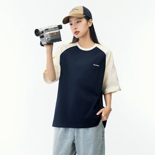 拼接插肩袖圆领短袖T恤女