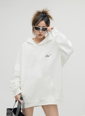 ONE PASS 街头潮牌刺绣加绒连帽卫衣女2023春季oversize情侣上衣