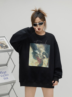 ONE PASS 潮牌数码直喷重磅圆领卫衣女春季情侣宽松休闲上衣男