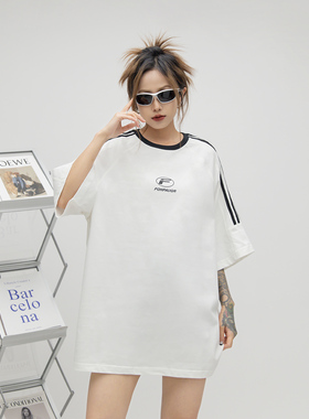 潮牌拼接插肩袖圆领短袖T恤女夏季情侣宽松织带休闲体恤