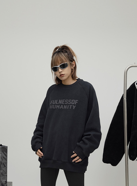 ONE PASS 380g重磅厚版硅胶字母插肩袖圆领加绒卫衣女春季上衣