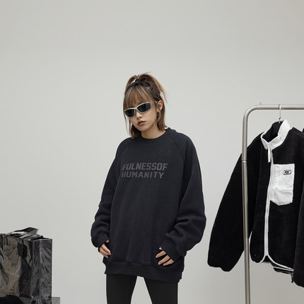 ONE PASS 380g重磅厚版硅胶字母插肩袖圆领加绒卫衣女春季上衣