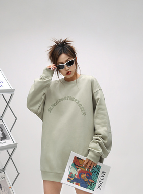 ONE PASS 街头潮牌梵文发泡文字母圆领卫衣女春季情侣宽松上衣男