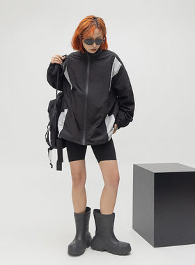 ONE PASS 街头潮牌拼接撞色立领夹克女休闲运动宽松冲锋衣外套