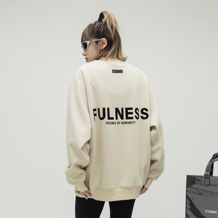 ONE PASS 380g重磅植绒胶标圆领加绒卫衣女春季宽松插肩袖上衣