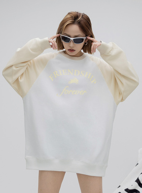 ONE PASS街头潮牌拼接插肩字母圆领卫衣女春季新款宽松情侣款上衣