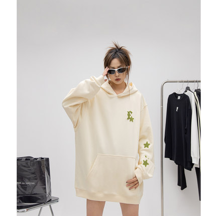 ONE PASS 街头潮牌毛巾绣连帽卫衣女2025春季新款宽松情侣上衣