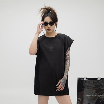 厚硅胶字母分割拼接运动坎肩背心女夏季美式街头无袖T恤