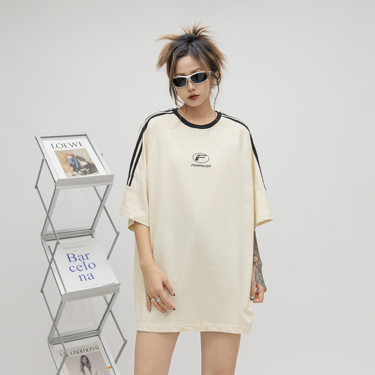 ONE PASS 潮牌拼接插肩袖圆领短袖T恤女夏季情侣宽松织带休闲体恤
