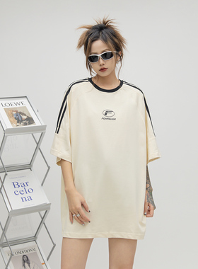 ONE PASS 潮牌拼接插肩袖圆领短袖T恤女夏季情侣宽松织带休闲体恤