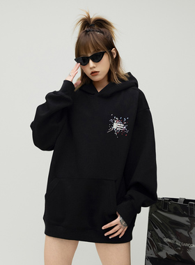 ONE PASS 街头潮牌刺绣字母连帽卫衣女2025春季新款宽松情侣帽衫