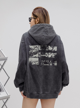 ONE PASS街头潮牌水洗做旧连帽套头卫衣女春季新款情侣款宽松上衣