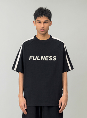 2025夏季美式潮牌织带拼接字母印花圆领短袖T恤男情侣宽松上衣