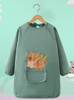 儿童罩衣灯芯绒秋冬反穿衣大童吃饭围兜宝宝防水衣男女孩外穿护衣