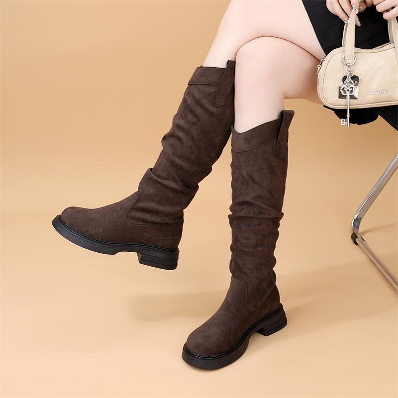 磨砂套筒弹力长筒靴女不过膝骑士靴2024秋冬加绒高筒V口瘦瘦靴子