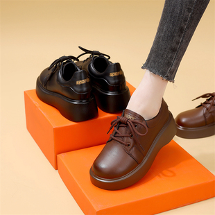 英伦风厚底小皮鞋女系带圆头乐福鞋2025新款百搭软底休闲妈妈单鞋